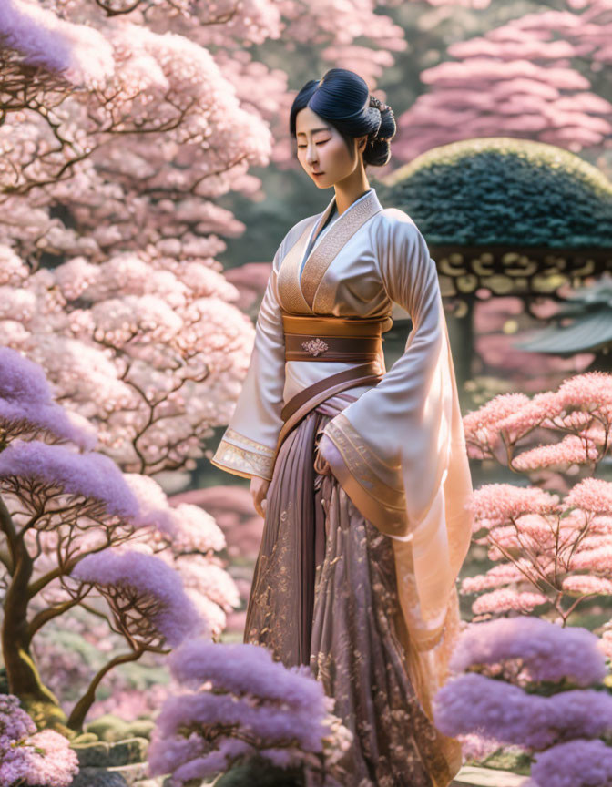 Traditional Japanese Attire Woman Among Pink Blossom Trees