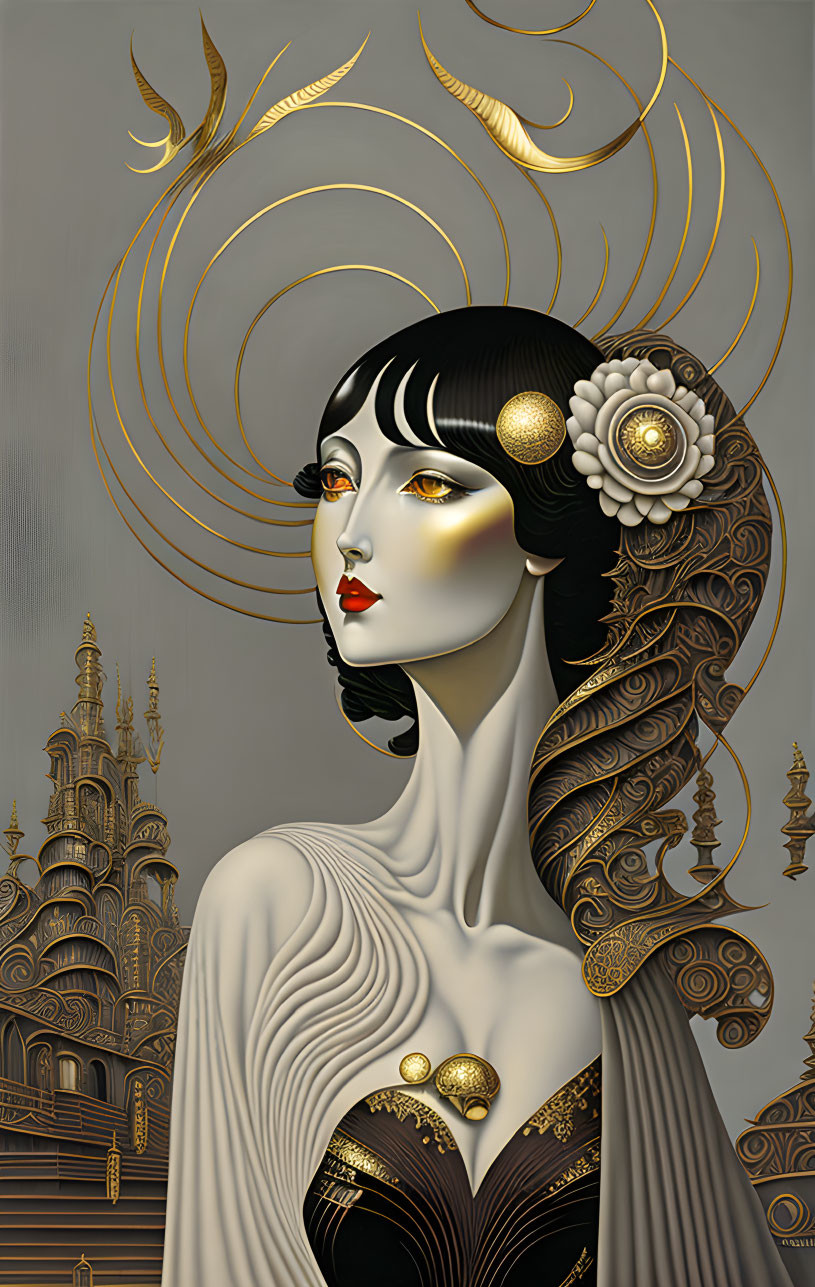 Detailed illustration of woman with black hair, golden eyes, ornate headdress, elegant dress, and