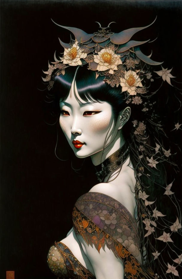 Illustration of woman with pale skin, elaborate black hair, gold accessories, dramatic makeup, and dark