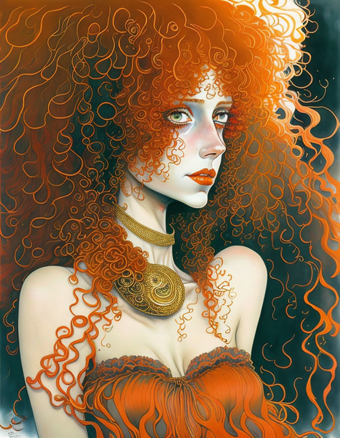 Illustration of woman with red curly hair, blue eyes, gold necklace, orange dress