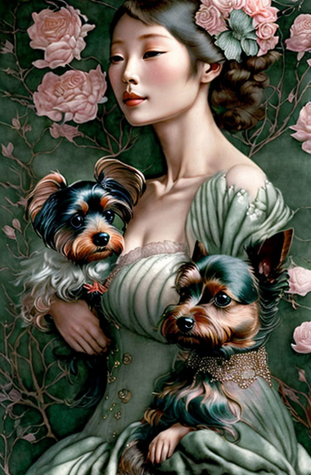 Portrait of elegant woman with Yorkshire Terriers and pink roses on dark background