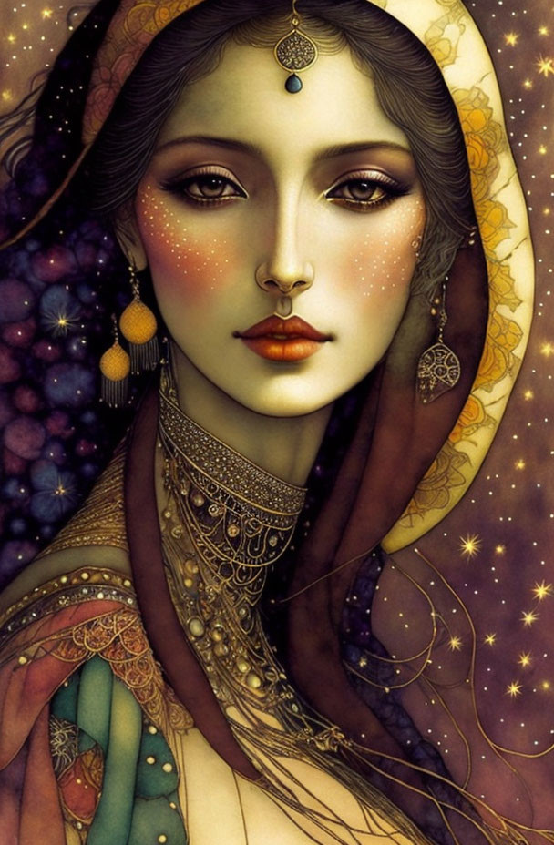 Woman with ornate headscarf and cosmic jewelry in celestial setting