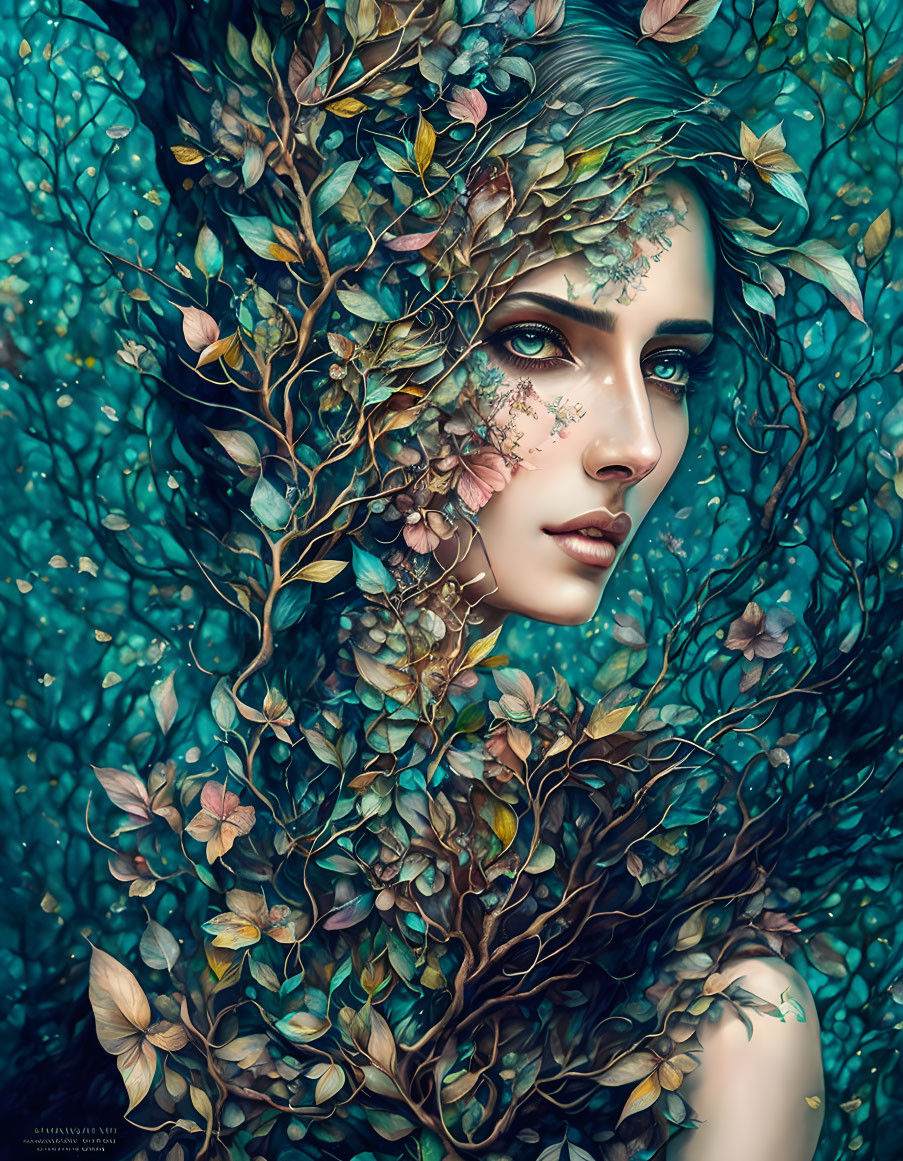 Colorful Leaves Surrounding Woman in Surreal Portrait