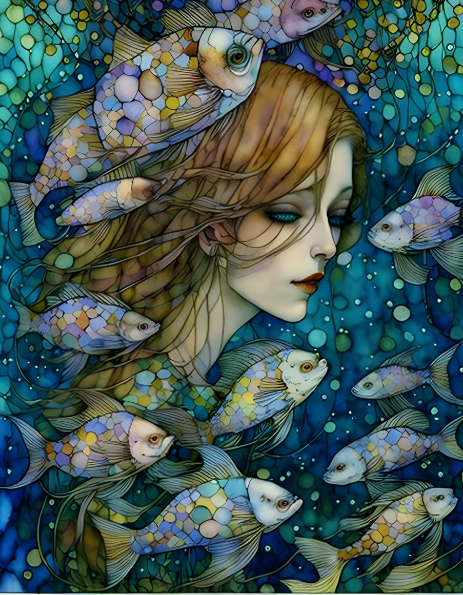 Woman surrounded by colorful fish on blue background