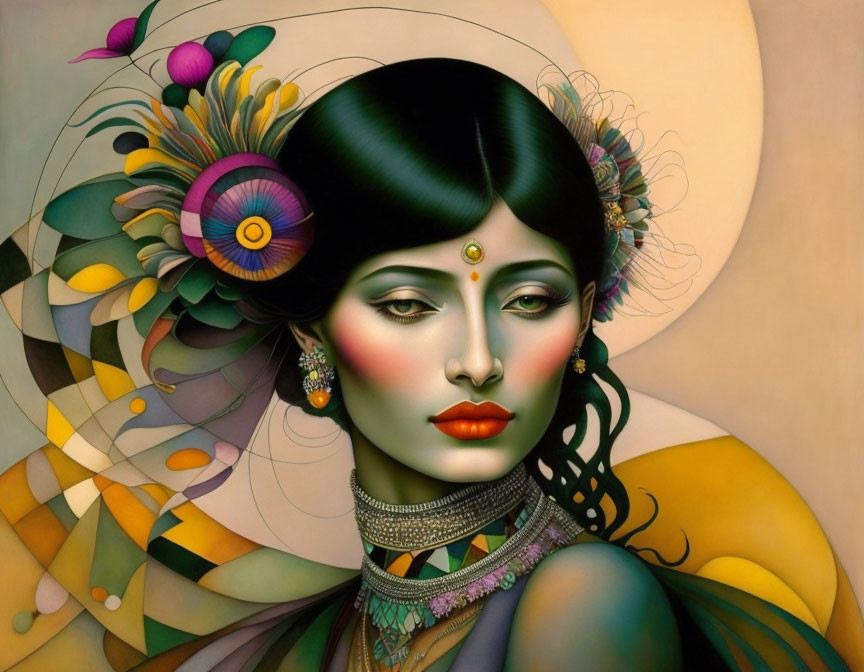 Vibrant surreal flora in woman's hair with traditional jewelry and dramatic makeup