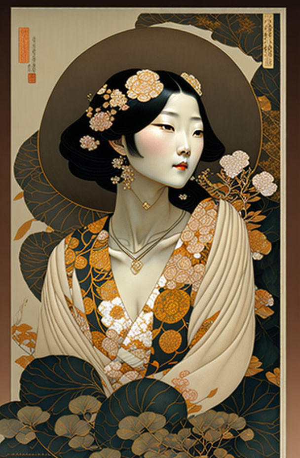 Illustration of woman in pale complexion wearing traditional Japanese kimono with floral patterns.