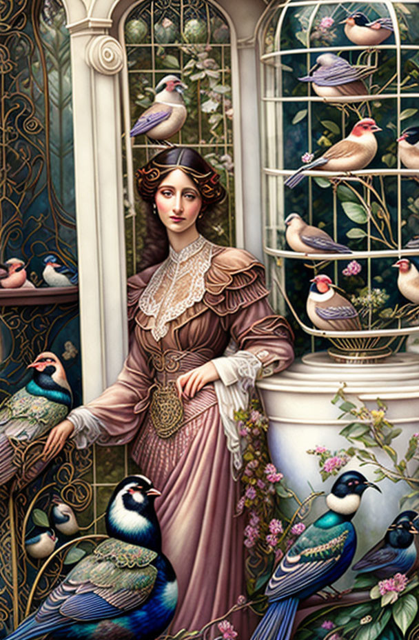 Victorian dress woman with colorful birds and ornate architecture