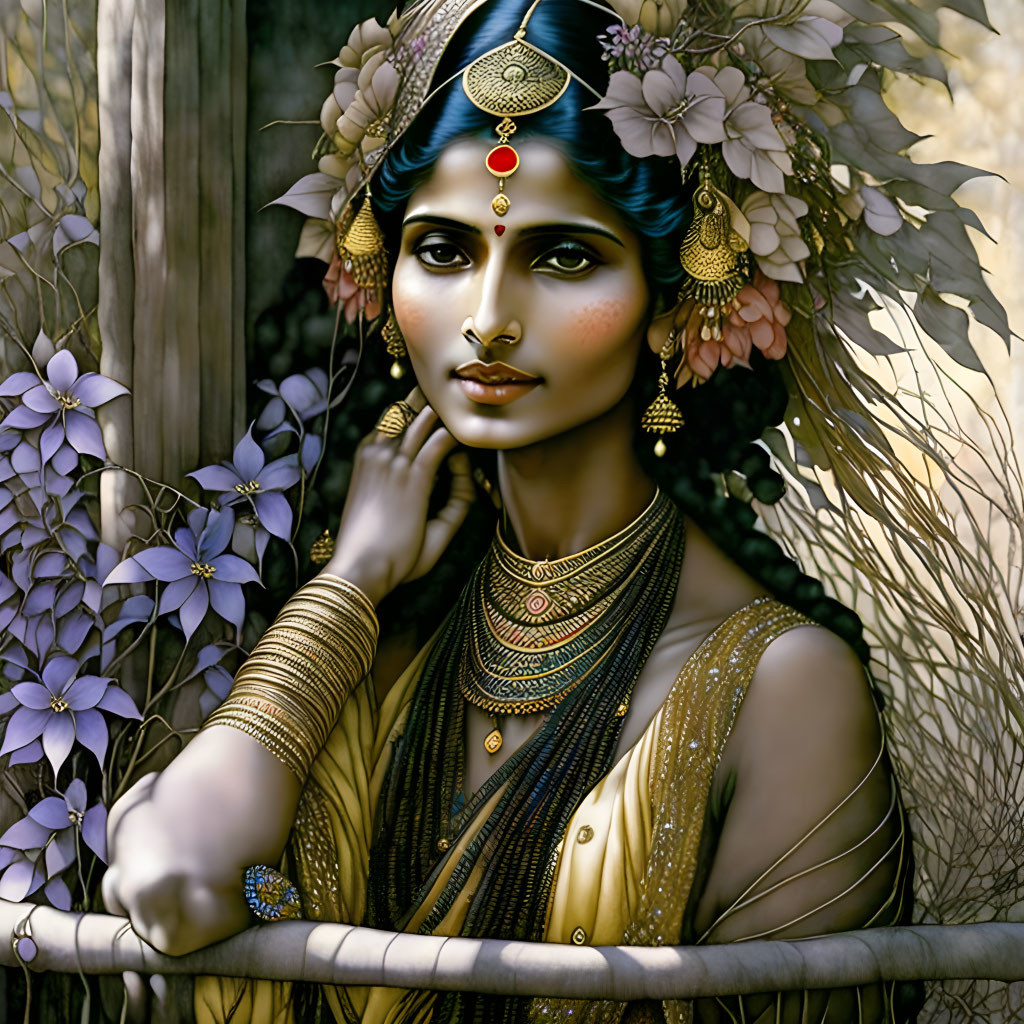 Ethereal Woman in Traditional Indian Attire Among Lush Flowers