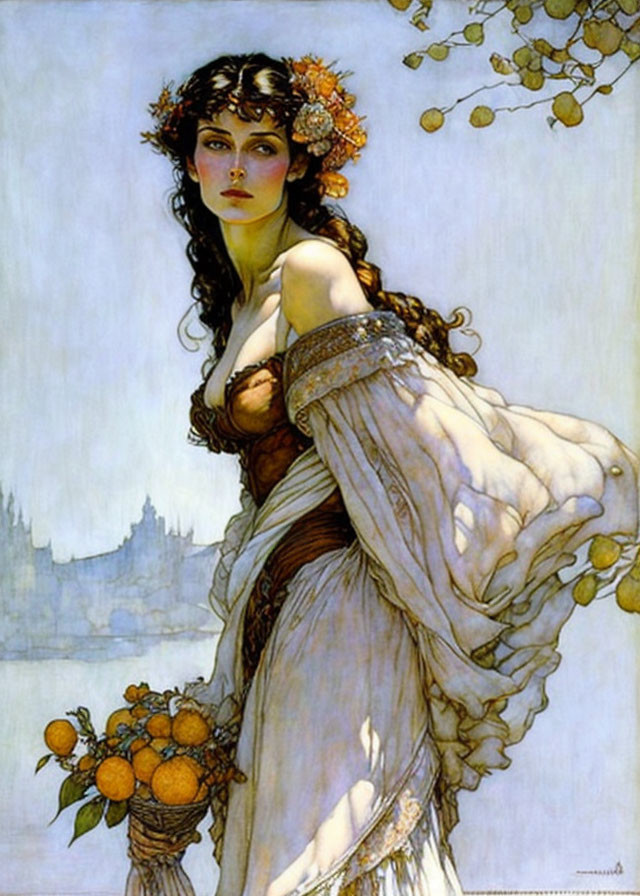 Woman in white garments with orange crown, holding oranges, castle backdrop.