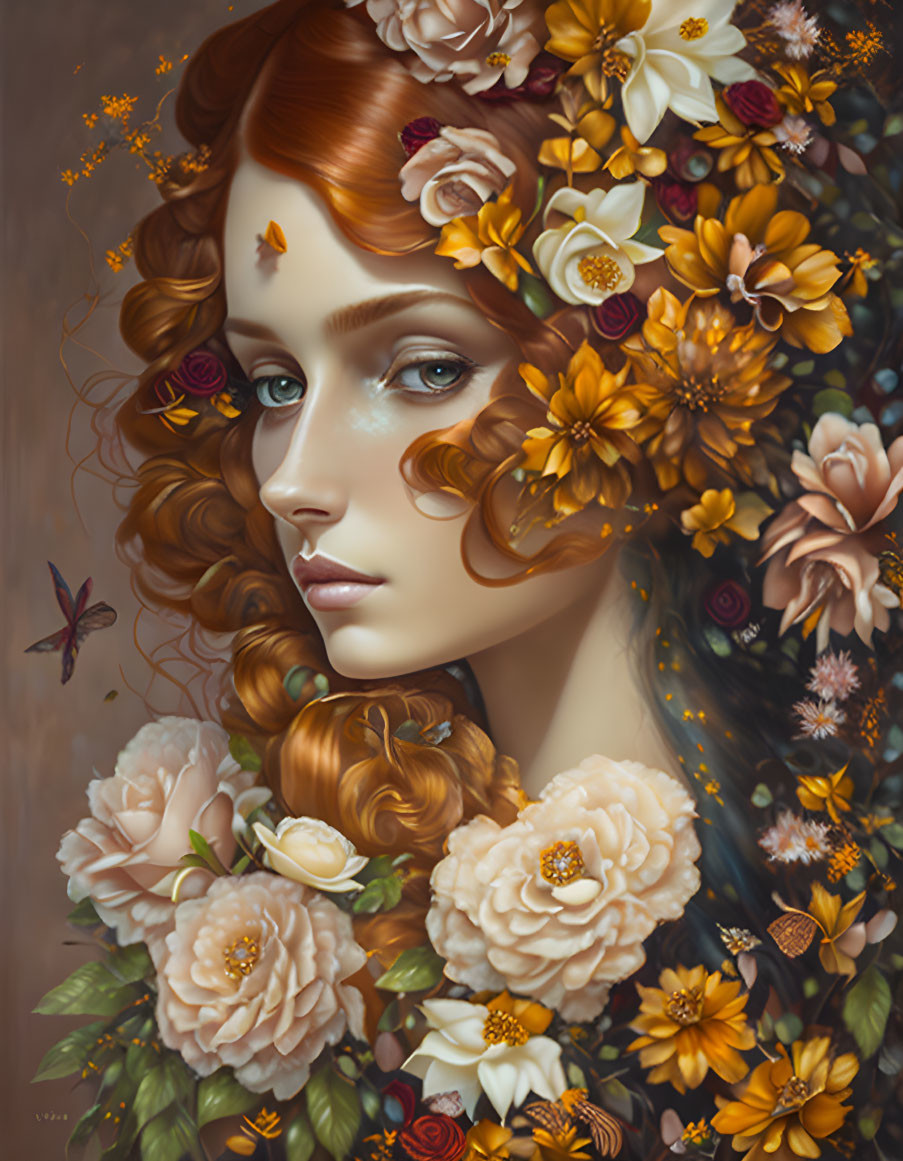 Illustrated woman with auburn hair and floral adornment with butterflies