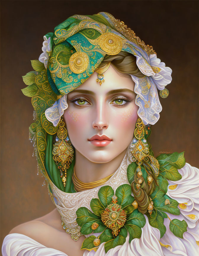 Detailed Ornate Green and Gold Headdress Adorns Elegant Woman