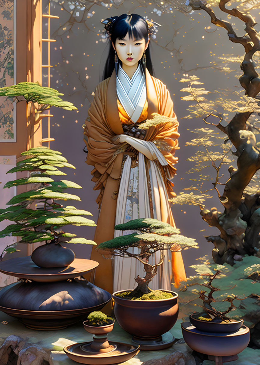 Woman in traditional attire among bonsai trees and Japanese-style backdrop.