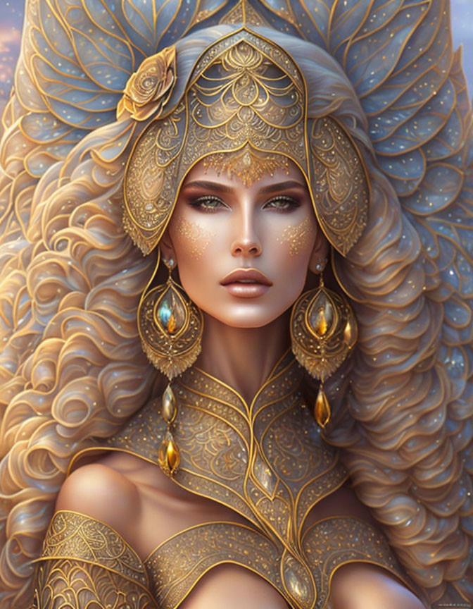 Intricate golden headdress and jewelry on woman illustration