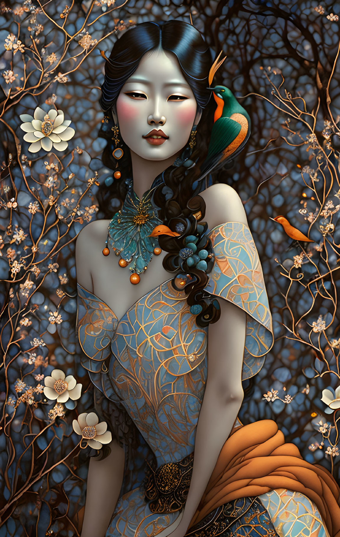 Pale-skinned woman in black hair and gold attire with peacock accessory among blossoming branches