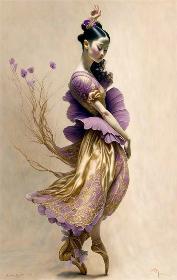 Elegant woman in gold and purple dress with fan, surrounded by delicate flowers and branches