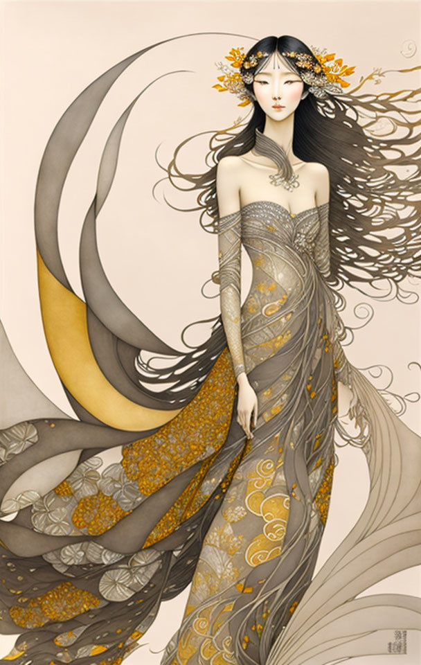 Illustrated woman in grey gown with gold patterns and floral headdress