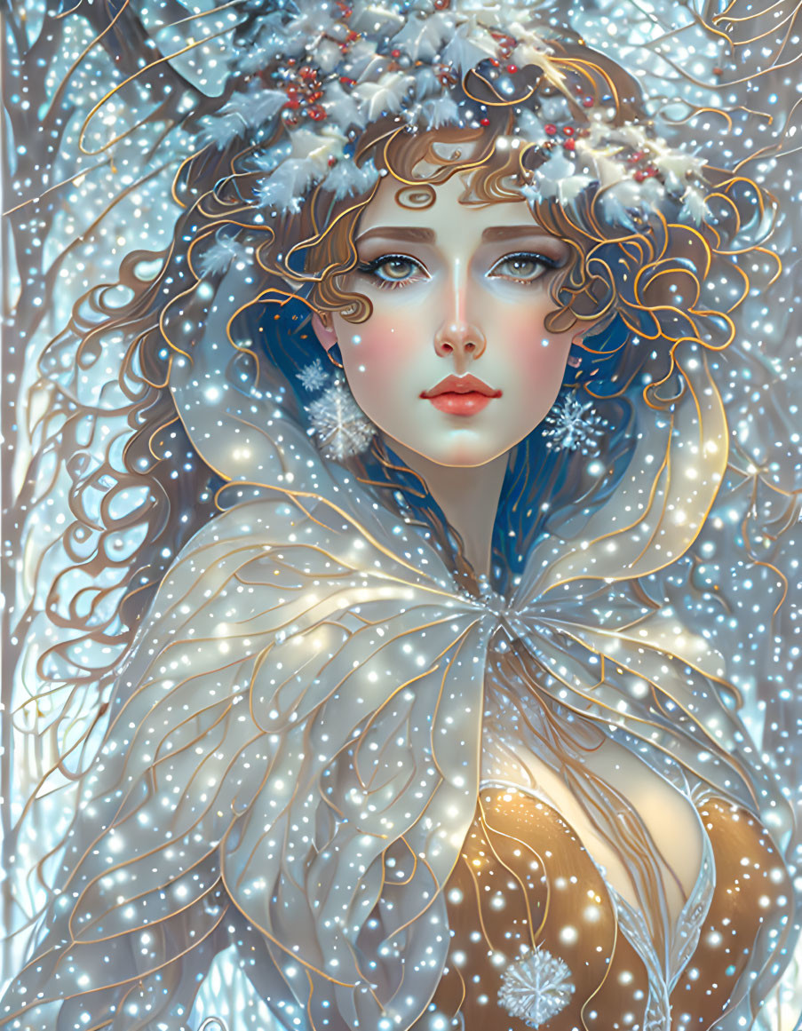 Curly-haired woman with berry and leaf hair accessories in snowflake cloak illustration.