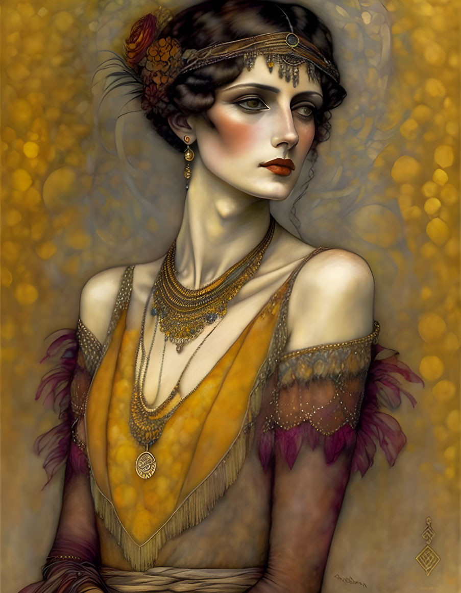 Vintage Clothing Woman Illustration with Headdress & Layered Necklaces