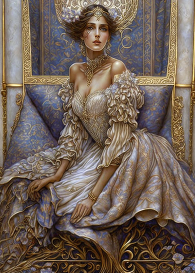 Regal woman in gold headpiece on blue throne in cream gown