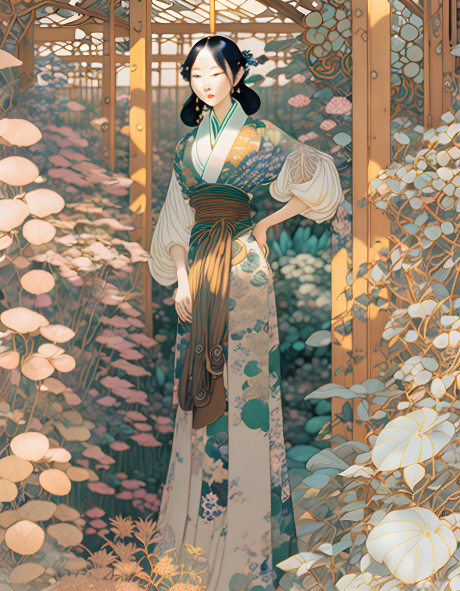 Traditional East Asian Attire Woman in Garden Setting