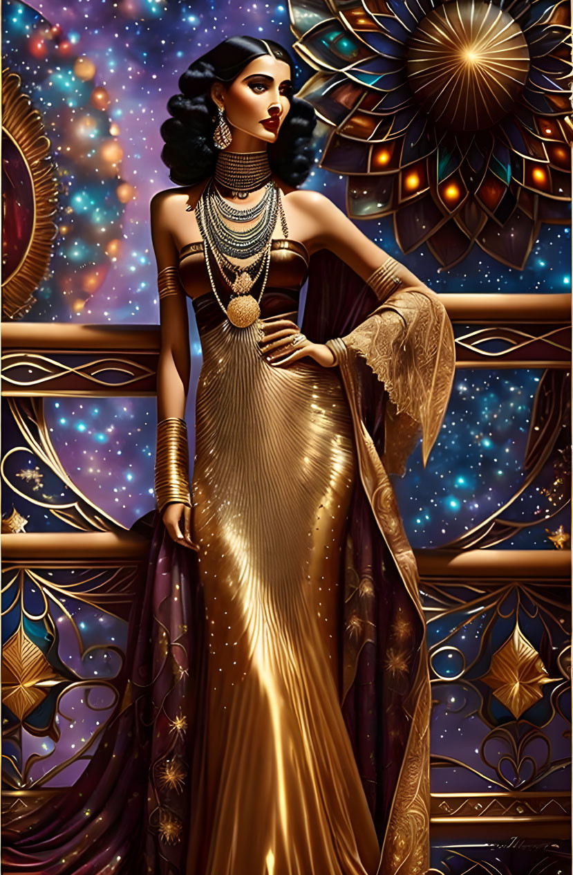 Stylized illustration of woman as Egyptian queen in golden attire