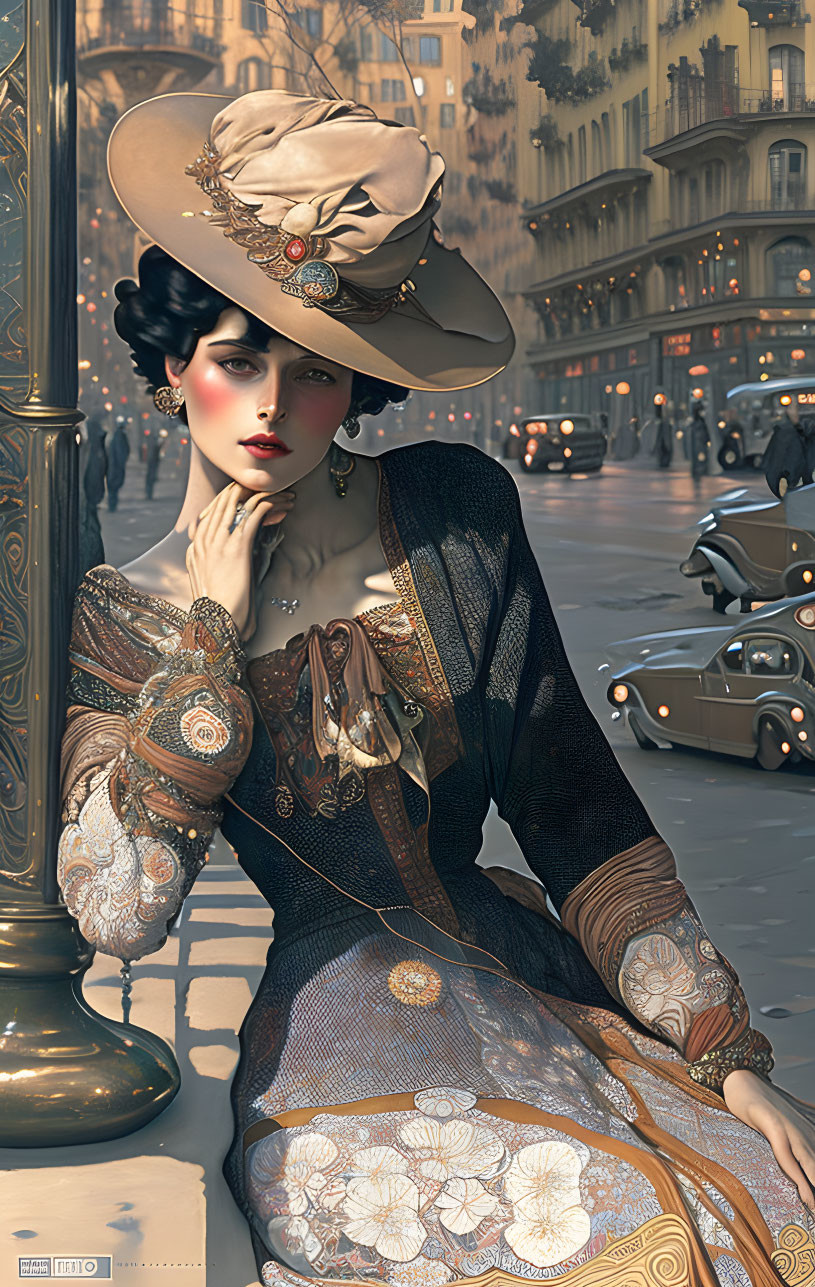 Vintage woman in elaborate attire poses elegantly on early 20th-century street