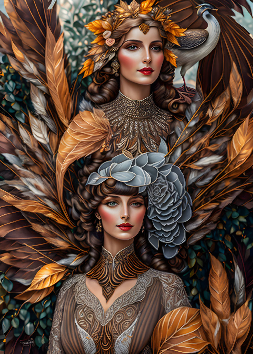 Digital Artwork: Two Women with Feather and Floral Headdresses