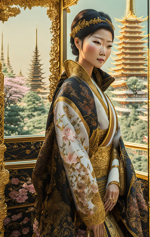 Traditional Asian Attire Woman in Front of Golden Pagoda Landscape