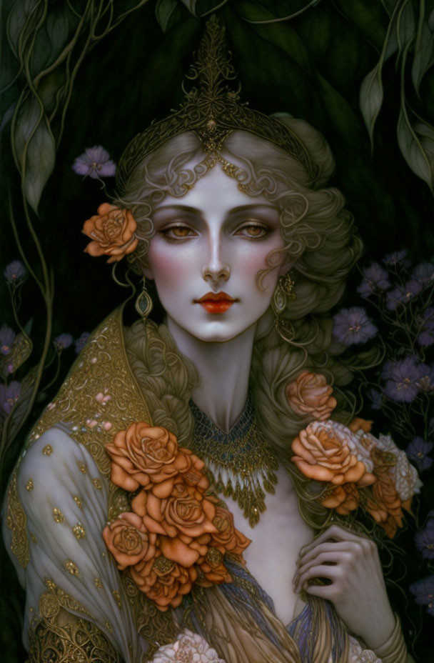 Pale-skinned woman with wavy hair and golden jewelry among roses and foliage