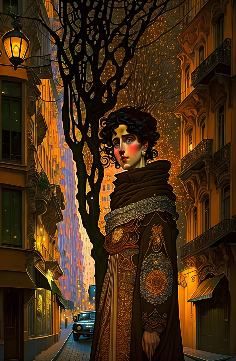 Digital artwork of woman in ornate cloak on illuminated city street