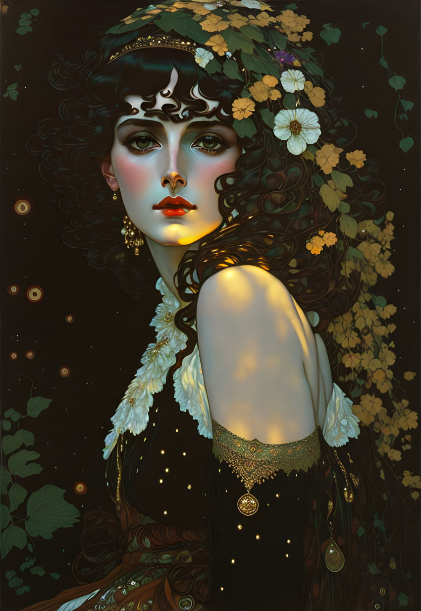 Detailed digital artwork: Woman with dark hair, flowers, golden jewelry, dark dress, glittering accents