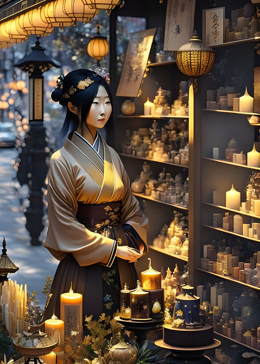 Traditional Attire Woman Contemplating Among Candles