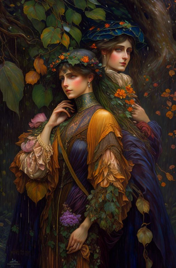 Two women in floral crowns and flowing dresses in lush greenery.