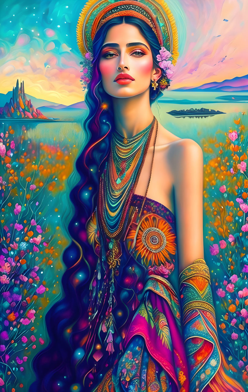 Colorful Bohemian Woman Illustration with Floral Headdress at Sunset