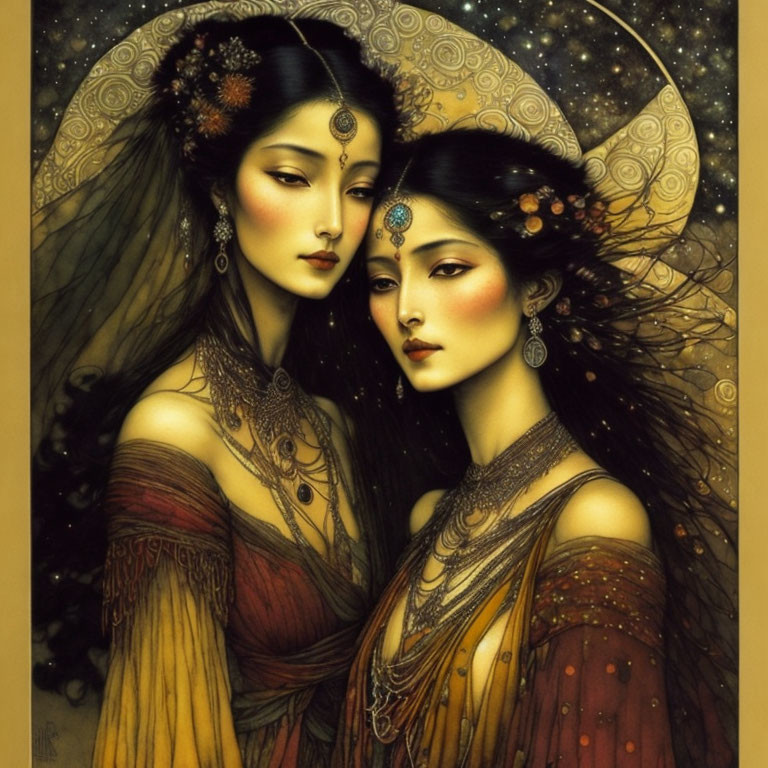 Elegantly adorned women in intricate jewelry and embellished dresses on golden celestial background