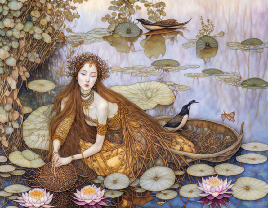 Mystical woman with floral crown in boat among water lilies and bird