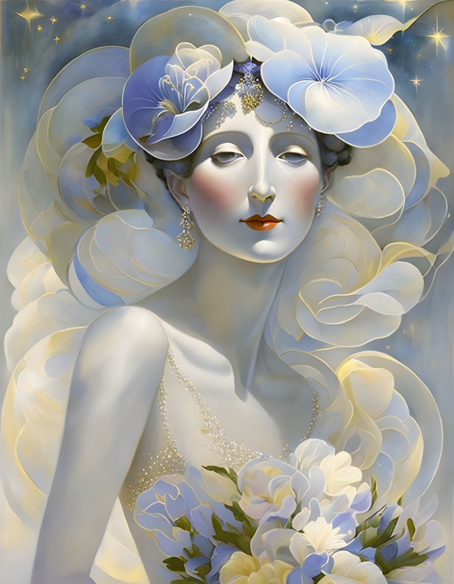 Ethereal woman with pale blue flowers and sparkling jewelry surrounded by starry glow