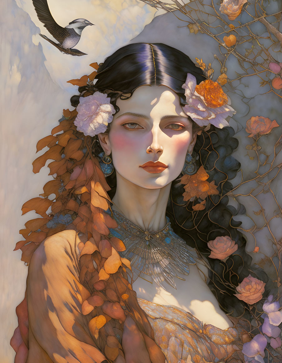 Illustration of woman with dark hair, flowers, autumn leaves, roses, and bird.