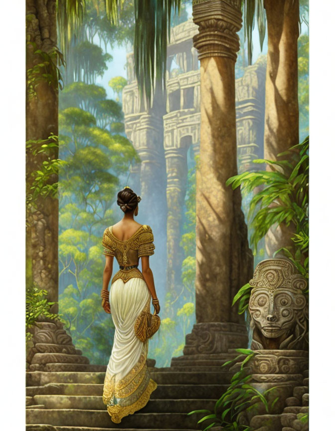 Woman in traditional dress at ancient ruins in lush jungle