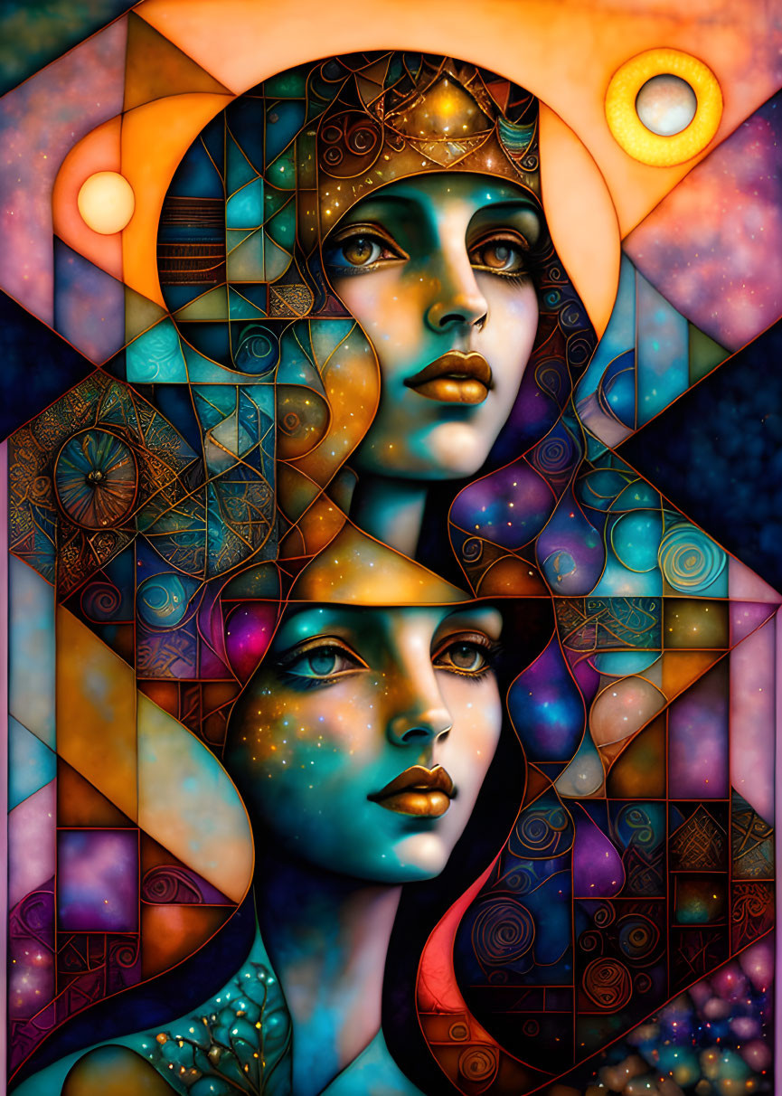 Colorful geometric digital artwork of two female faces with cosmic symbols