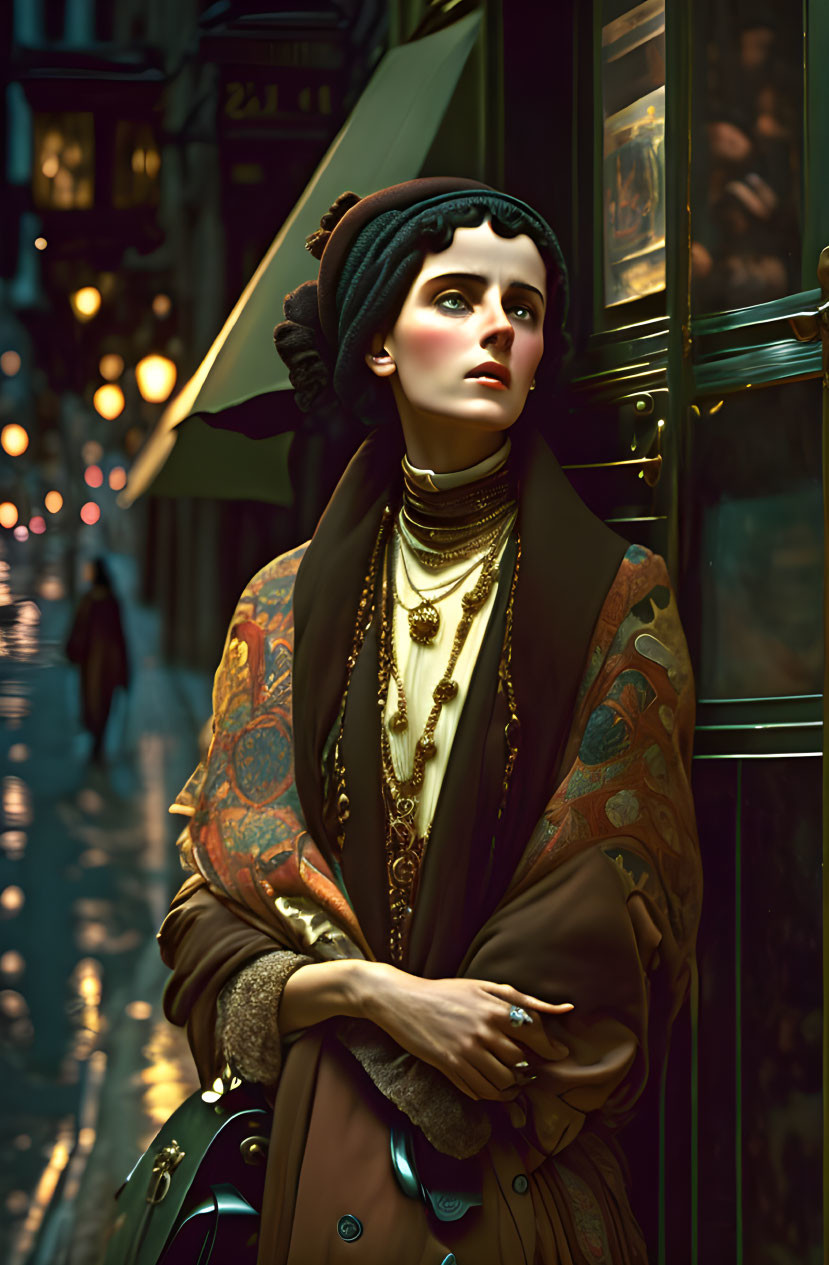 Stylized portrait of woman in turban and ornate coat in urban alleyway