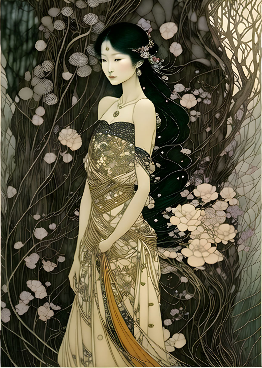 Ethereal woman with floral jewelry in golden dress among intricate trees