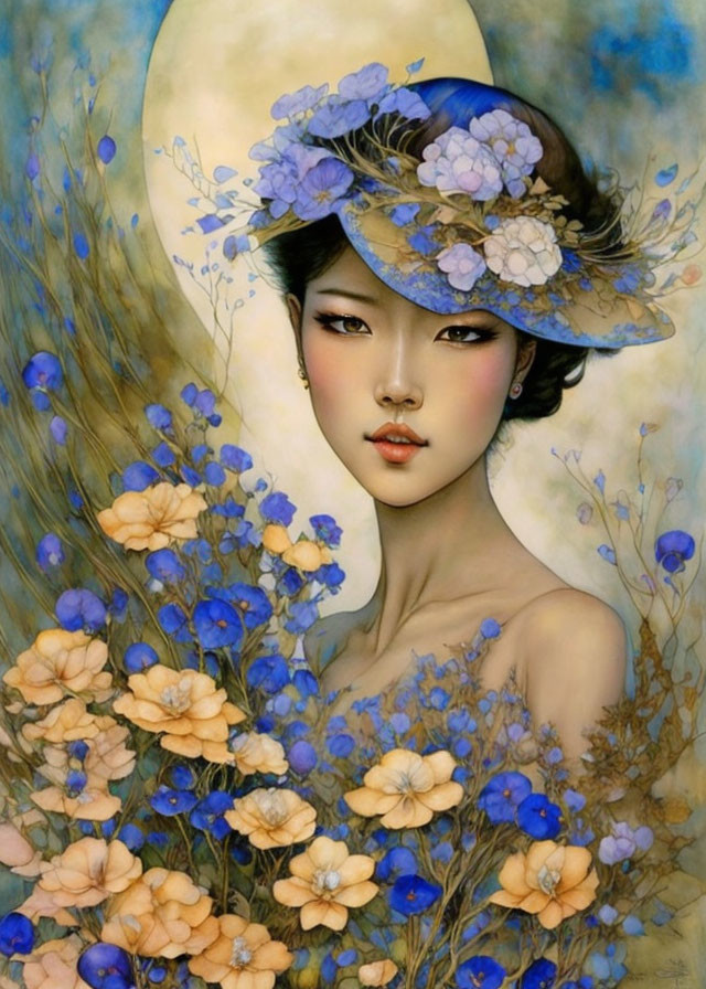 Asian woman with floral hat and blue flowers against moon backdrop