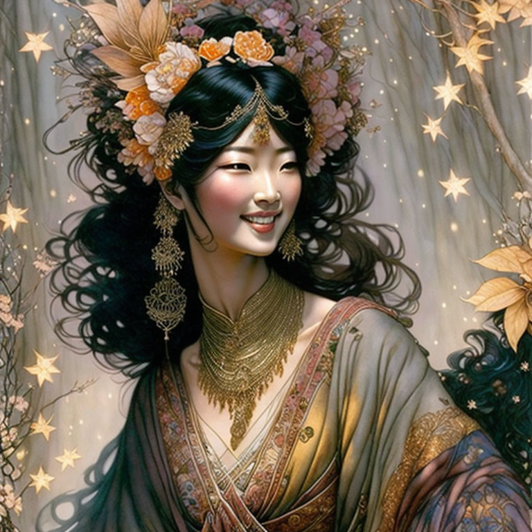 Smiling woman with ornate jewelry and floral headpiece in starry floral setting