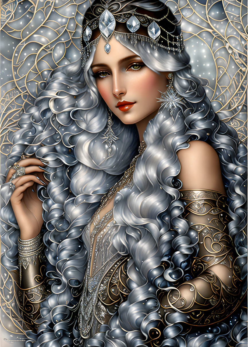 Illustrated female figure with silver hair and golden attire on starry background.