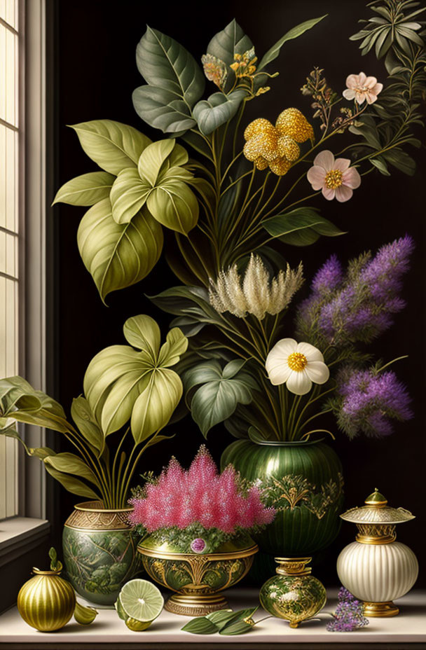 Vibrant still-life with green plants, flowers, and vases by a window