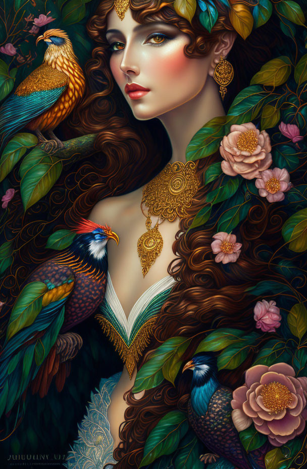 Illustrated Woman with Green Eyes and Gold Jewelry Surrounded by Birds and Nature