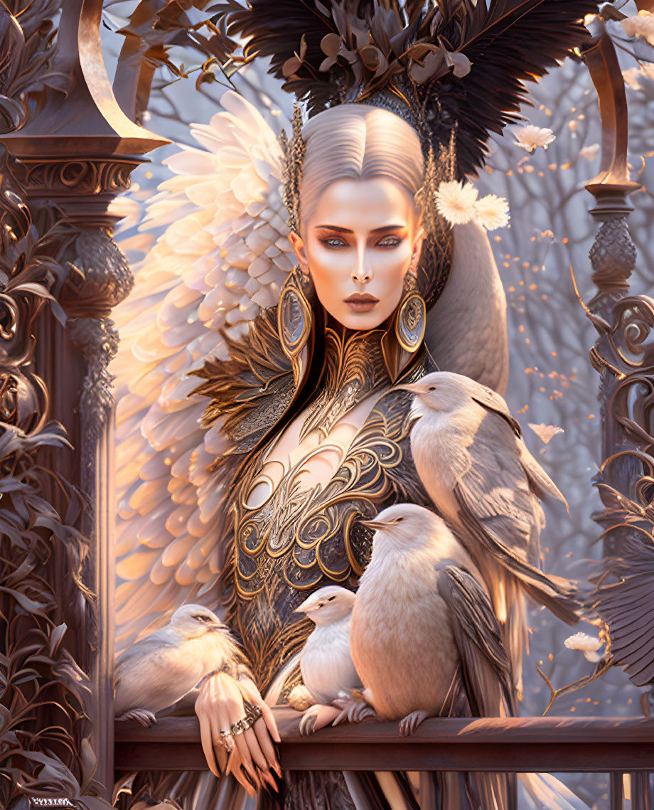 Ethereal woman with angelic wings in golden armor surrounded by white birds