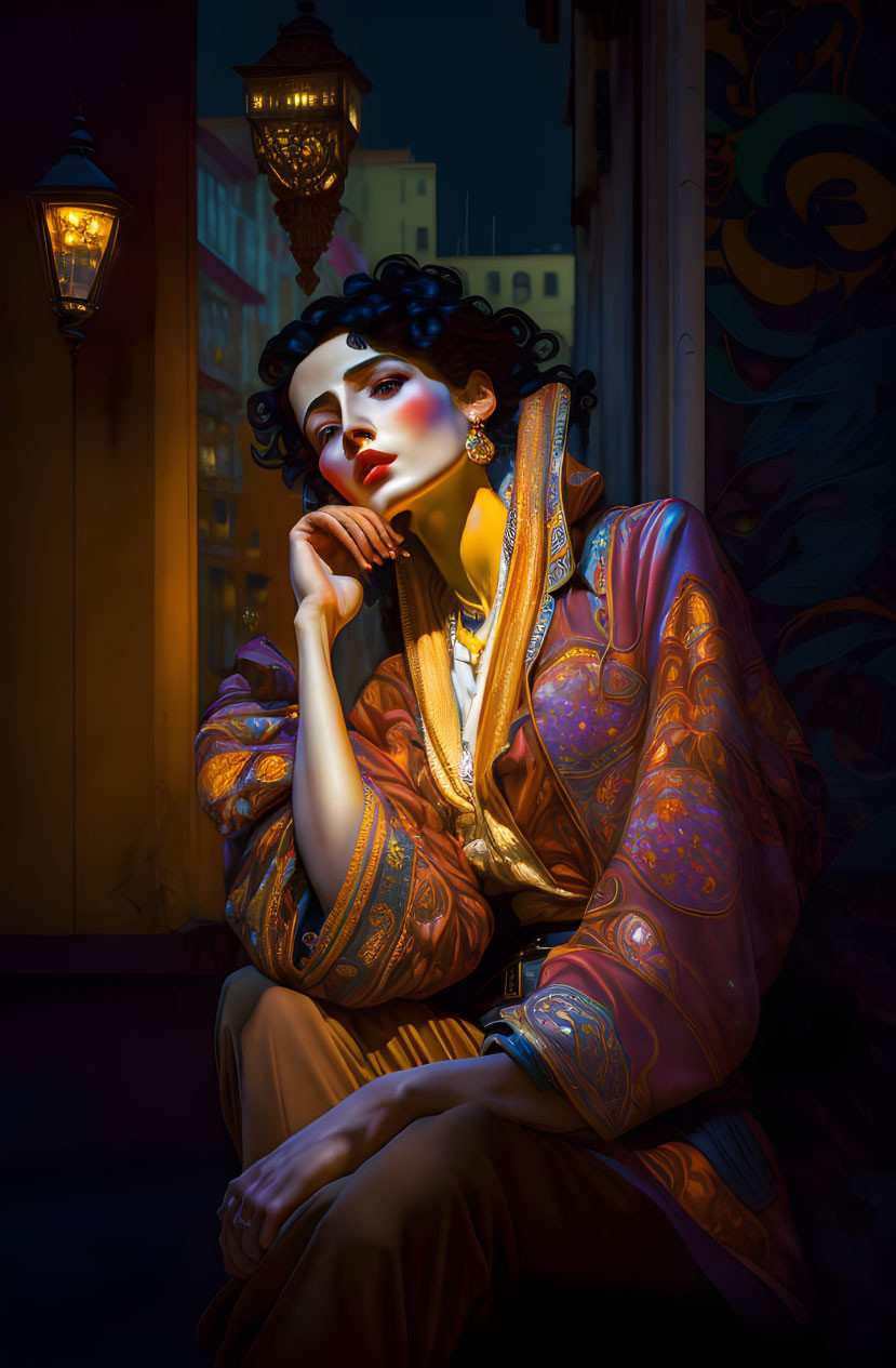 Woman with dramatic makeup in luxurious garment under street lamps at twilight