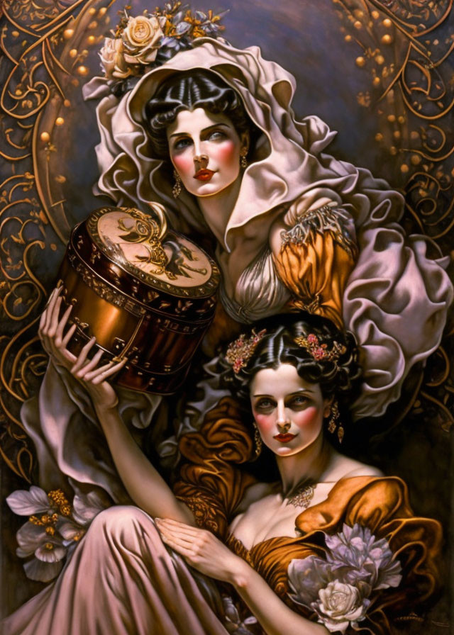 Vintage illustration: Two elegant women in intricate floral setting with drum.